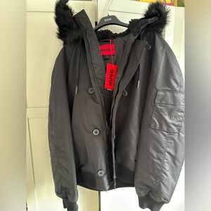 HUGO NWT women’s bomber jacket in black with detachable faux fur hood